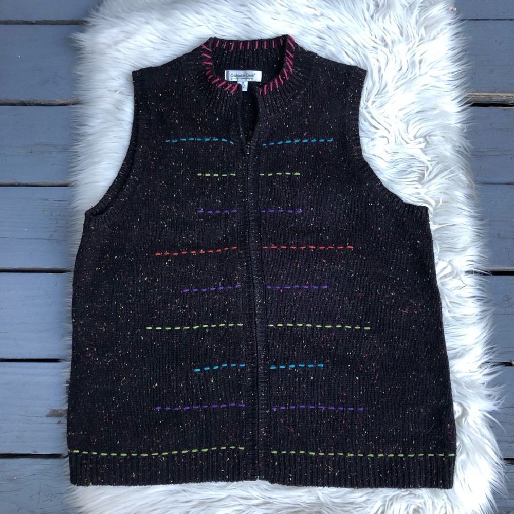 Coldwater Creek Zip Up Multicolor Acent Thread Sleeveless Brown Sweater Vest 1X